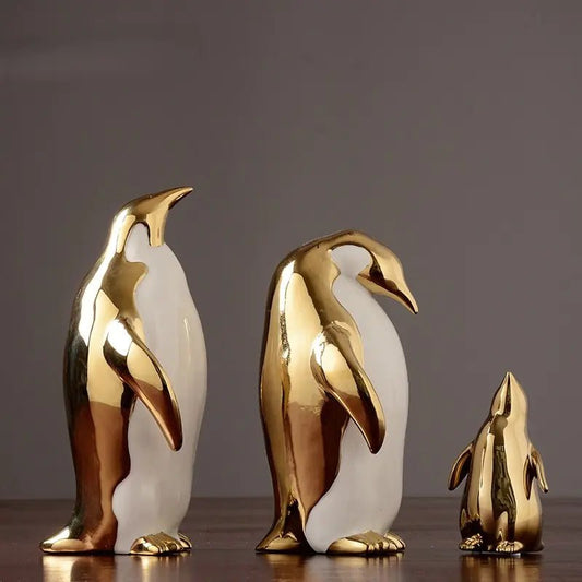 Figuras Decorativas de Pingüinos en Cerámica (Acabado en Oro) - Zenvora