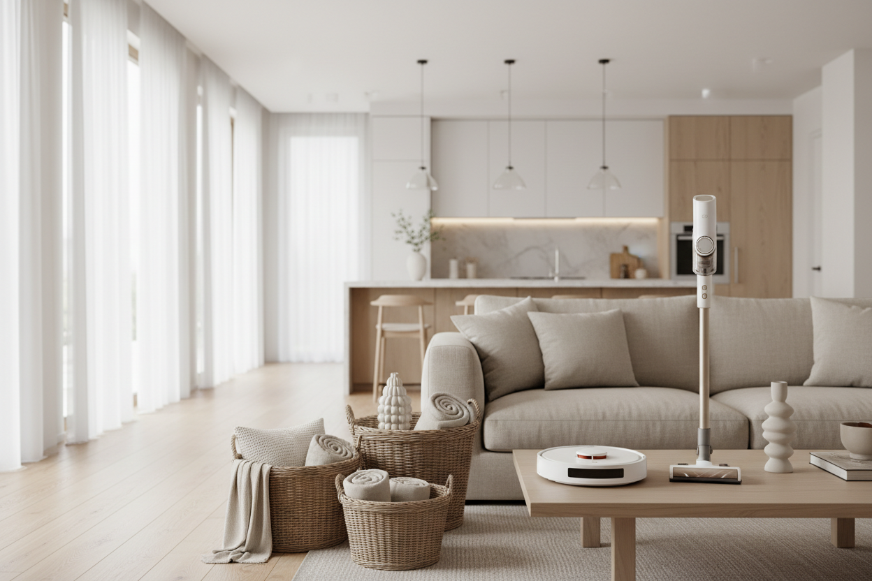 Sala de estar moderna y luminosa con cocina abierta al fondo, decoración minimalista en tonos beige, blanco y madera. En primer plano, sobre una mesa de madera, hay un robot aspirador inteligente y una aspiradora vertical moderna. Cestas de mimbre con textiles y decoración del hogar. Ambiente cálido, elegante y acogedor. Estilo realista, iluminación suave, fotografía profesional, enfoque en productos tecnológicos para el hogar, diseño publicitario, alta calidad, profundidad de campo.